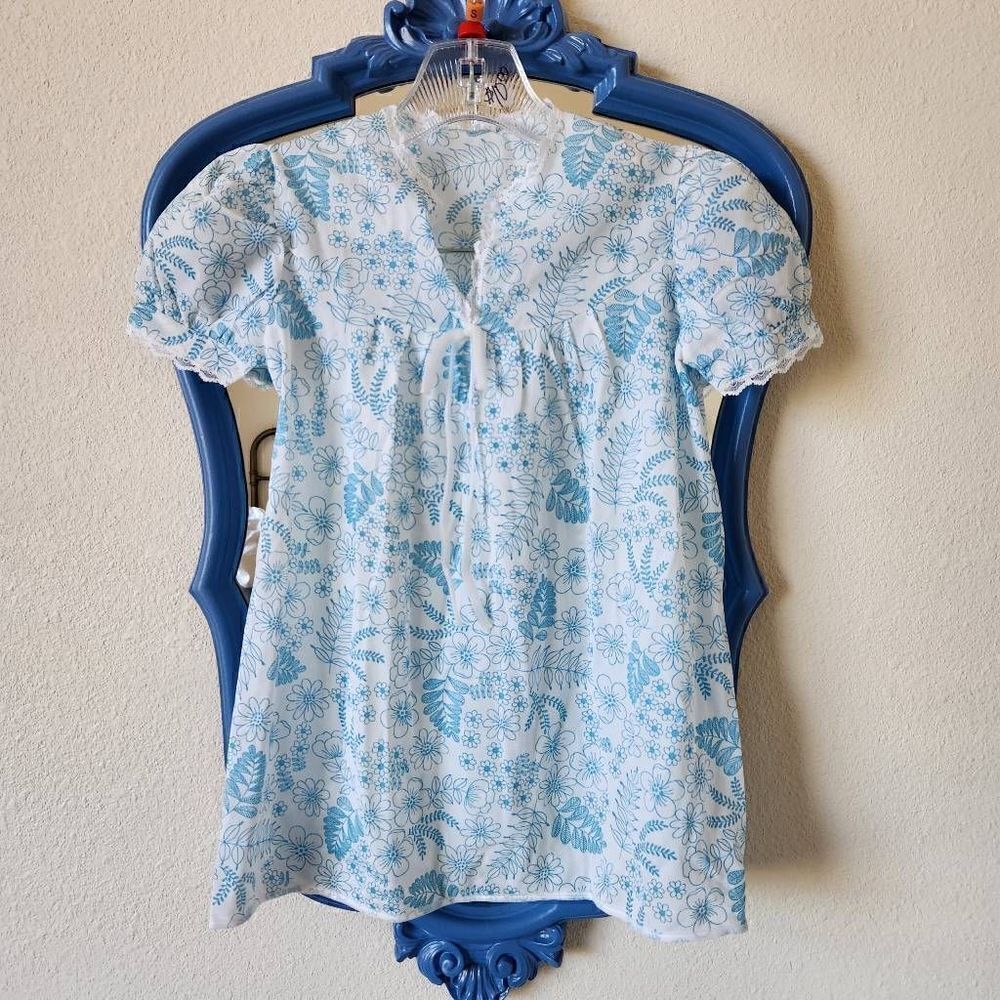 Vintage toddler 3-4t moo moo pajama dress 70s floral blue white sleepwear French